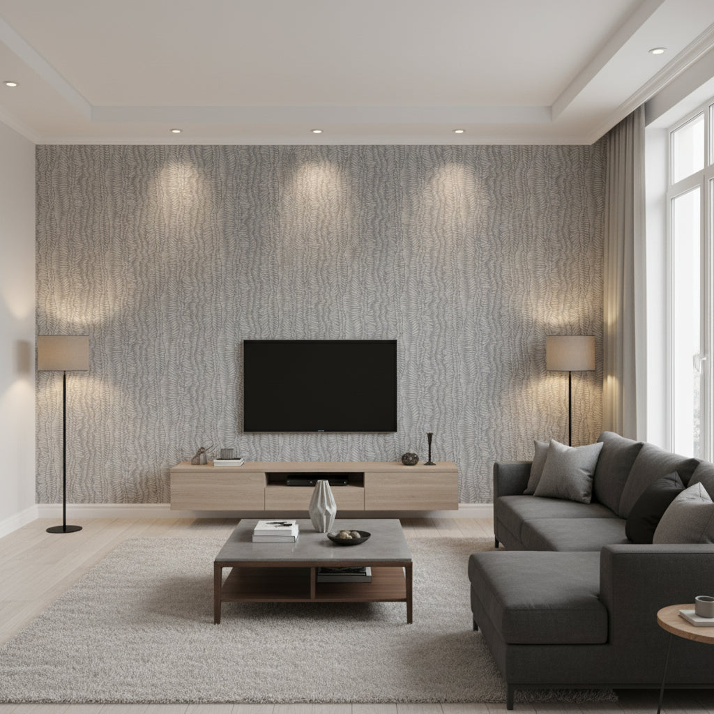 Minetta Cement | Stacy Garcia | Architectural Wallcoverings - Living Room Visualization (AI-generated, may not be to scale. Verify pattern scale with product specifications.)