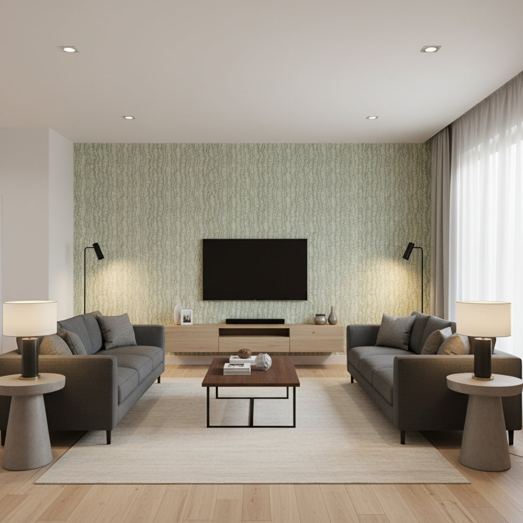 Minetta Fern | Stacy Garcia | Architectural Wallcoverings - Living Room Visualization (AI-generated, may not be to scale. Verify pattern scale with product specifications.)