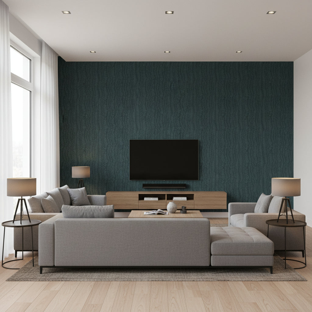 Minetta Urban Jungle | Stacy Garcia | Architectural Wallcoverings - Living Room Visualization (AI-generated, may not be to scale. Verify pattern scale with product specifications.)
