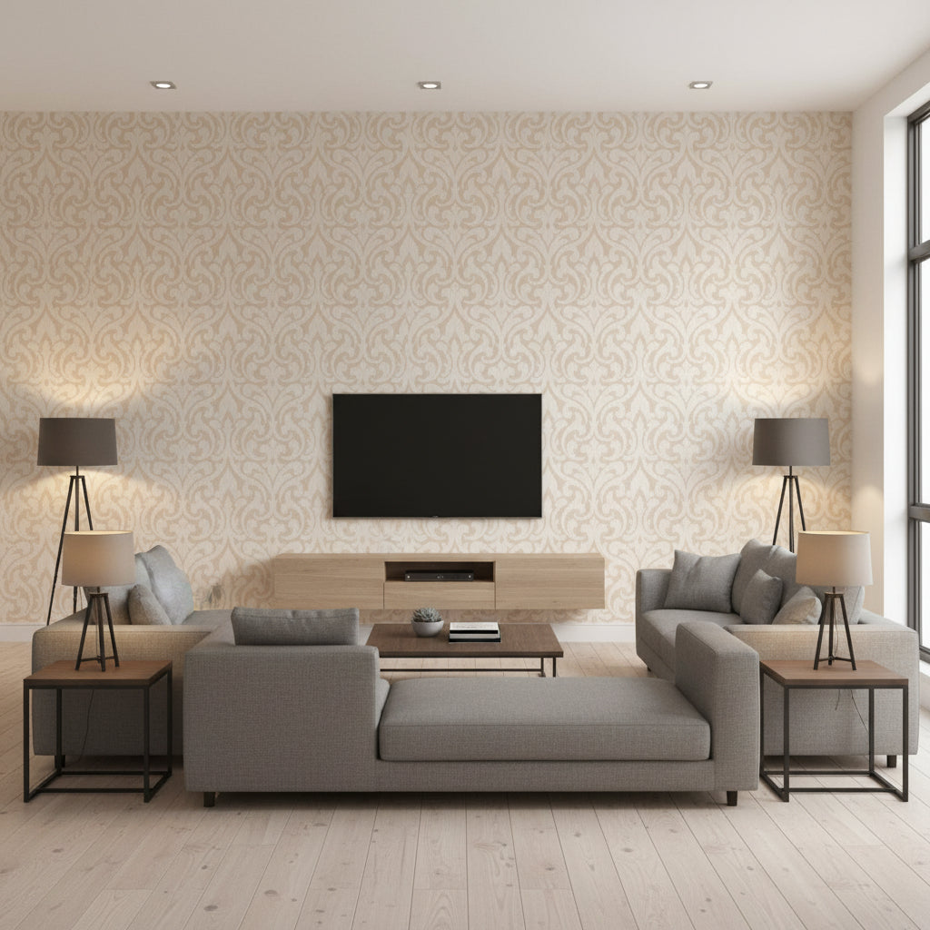 Gustav Damask 2 Collection Gustav Damask Color 04 | Architectural Wallcoverings - Living Room Visualization (AI-generated, may not be to scale. Verify pattern scale with product specifications.)