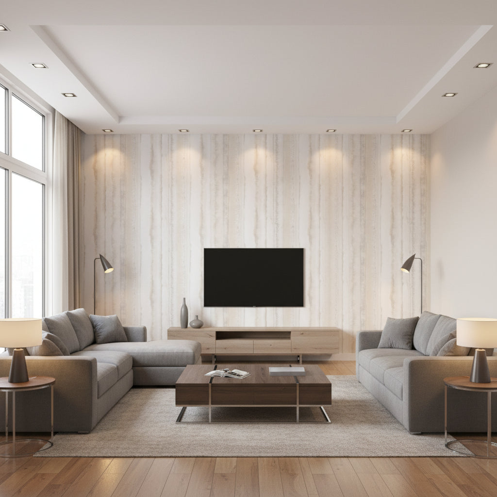 Whispering Waves Celtic | Architectural Wallcoverings - Living Room Visualization (AI-generated, may not be to scale. Verify pattern scale with product specifications.)