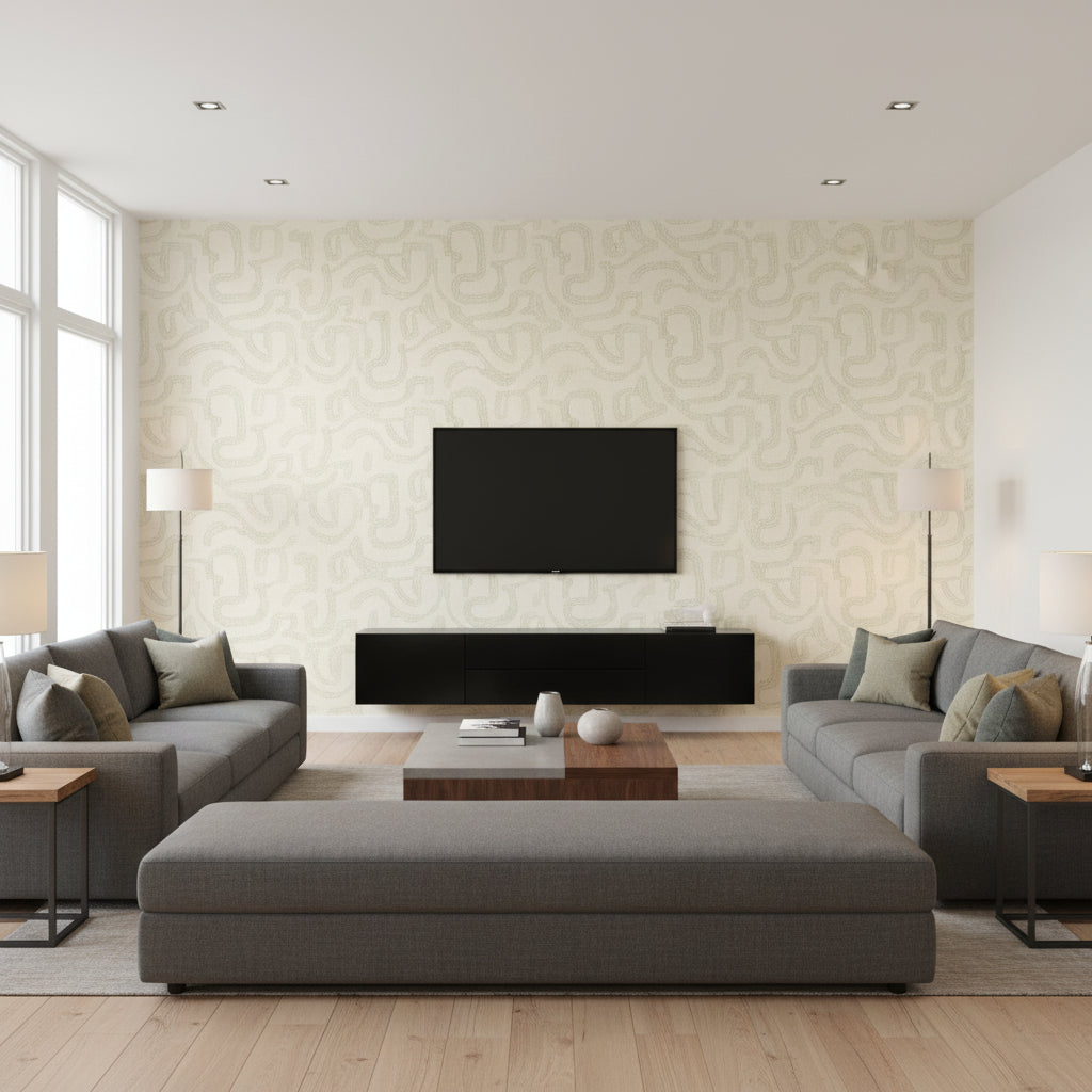 Olywyn Frogging | Architectural Wallcoverings - Living Room Visualization (AI-generated, may not be to scale. Verify pattern scale with product specifications.)