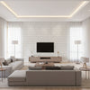 Stitched Sashiko Pvc Free Type Ii Stitched Sashiko Pvc-free Type Ii Color 01 | Architectural Wallcoverings - Living Room Visualization (AI-generated, may not be to scale. Verify pattern scale with product specifications.)