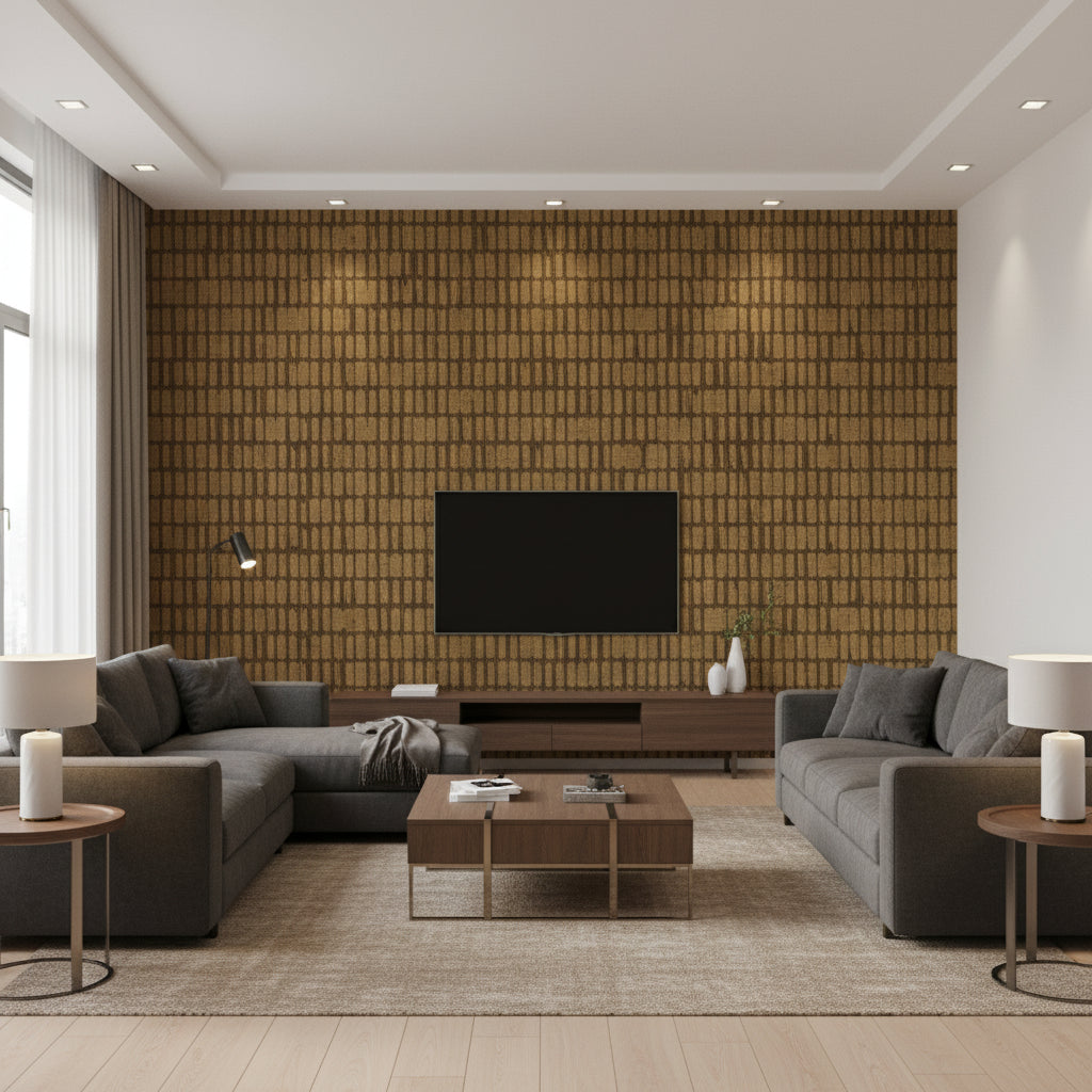 Stitched Sashiko Pvc Free Type Ii Stitched Sashiko Pvc-free Type Ii Color 04 | Architectural Wallcoverings - Living Room Visualization (AI-generated, may not be to scale. Verify pattern scale with product specifications.)