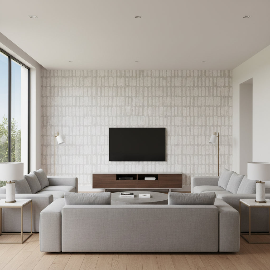 Stitched Sashiko Pvc-free Type Ii Overcast | Architectural Wallcoverings - Living Room Visualization (AI-generated, may not be to scale. Verify pattern scale with product specifications.)