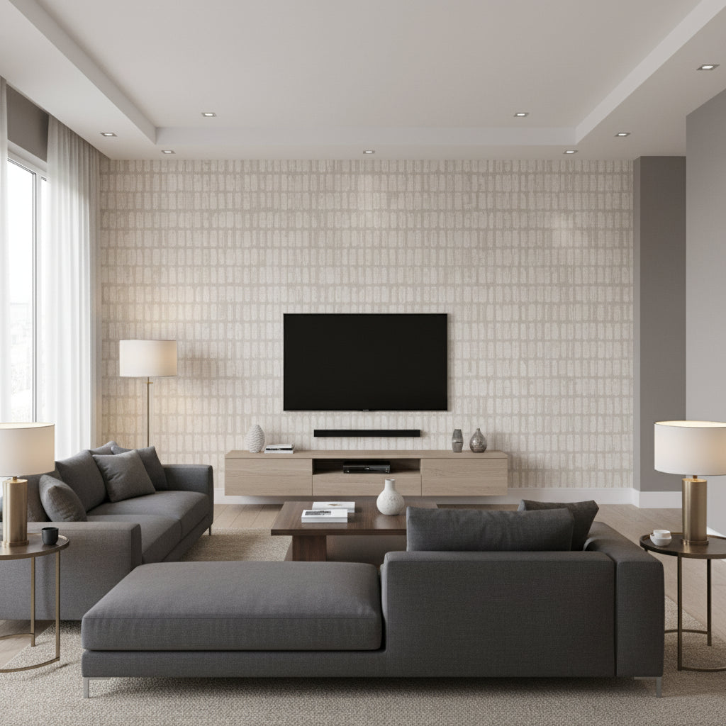 Stitched Sashiko Pvc-free Type Ii Pampas Grass | Architectural Wallcoverings - Living Room Visualization (AI-generated, may not be to scale. Verify pattern scale with product specifications.)