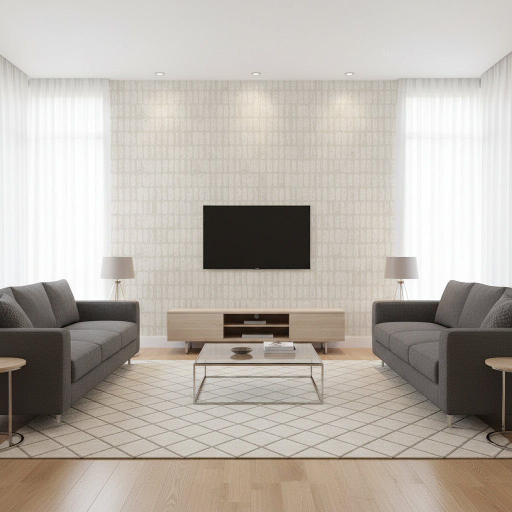 Stitched Sashiko Pvc Free Type Ii Stitched Sashiko Pvc-free Type Ii Color 02 | Architectural Wallcoverings - Living Room Visualization (AI-generated, may not be to scale. Verify pattern scale with product specifications.)