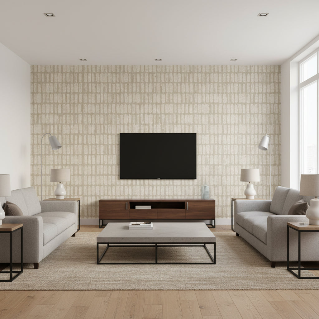 Stitched Sashiko Pvc Free Type Ii Stitched Sashiko Pvc-free Type Ii Color 03 | Architectural Wallcoverings - Living Room Visualization (AI-generated, may not be to scale. Verify pattern scale with product specifications.)