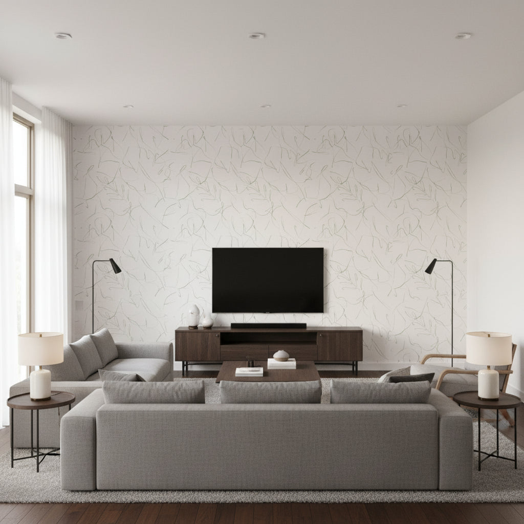 Costa Macaw | Architectural Wallcoverings - Living Room Visualization (AI-generated, may not be to scale. Verify pattern scale with product specifications.)