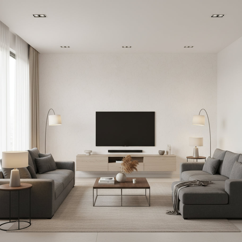 Costa Warbler | Architectural Wallcoverings - Living Room Visualization (AI-generated, may not be to scale. Verify pattern scale with product specifications.)
