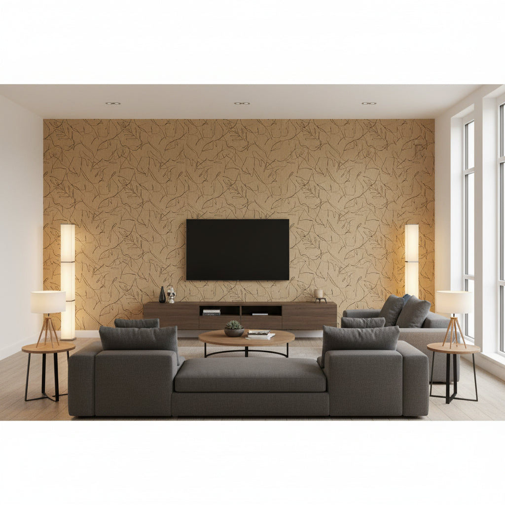 Costa Honeycreeper | Architectural Wallcoverings - Living Room Visualization (AI-generated, may not be to scale. Verify pattern scale with product specifications.)