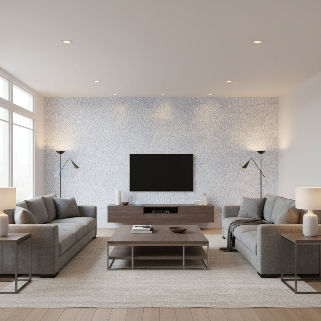 Niwa Stream | Architectural Wallcoverings - Living Room Visualization (AI-generated, may not be to scale. Verify pattern scale with product specifications.)