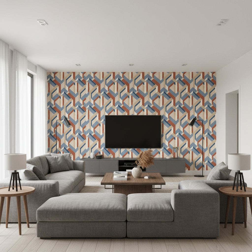 Harriet Geometric Horizon | Architectural Wallcoverings - Living Room Visualization (AI-generated, may not be to scale. Verify pattern scale with product specifications.)