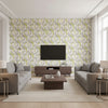 Harriet Geometric Wasabi | Architectural Wallcoverings - Living Room Visualization (AI-generated, may not be to scale. Verify pattern scale with product specifications.)