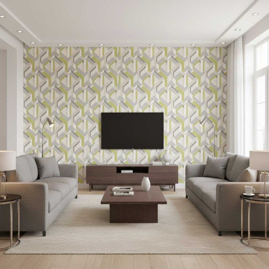 Harriet Geometric Wasabi | Architectural Wallcoverings - Living Room Visualization (AI-generated, may not be to scale. Verify pattern scale with product specifications.)