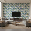 Harriet Geometric Morning Calm | Architectural Wallcoverings - Living Room Visualization (AI-generated, may not be to scale. Verify pattern scale with product specifications.)