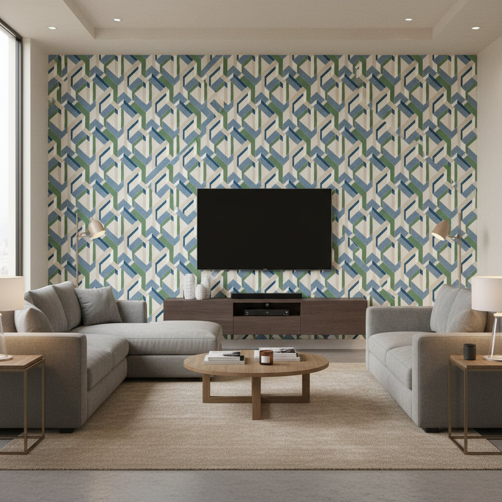 Harriet Geometric Morning Calm | Architectural Wallcoverings - Living Room Visualization (AI-generated, may not be to scale. Verify pattern scale with product specifications.)