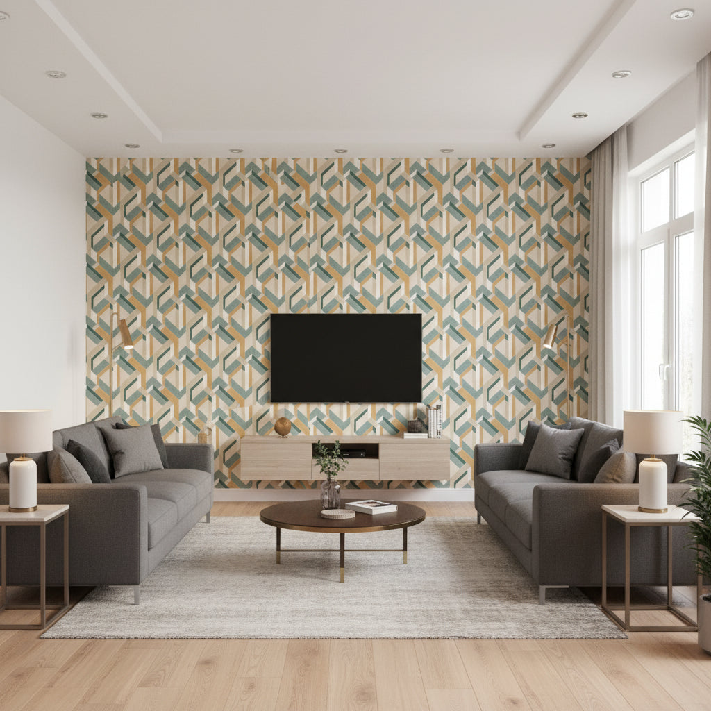 Harriet Geometric Spruce | Architectural Wallcoverings - Living Room Visualization (AI-generated, may not be to scale. Verify pattern scale with product specifications.)