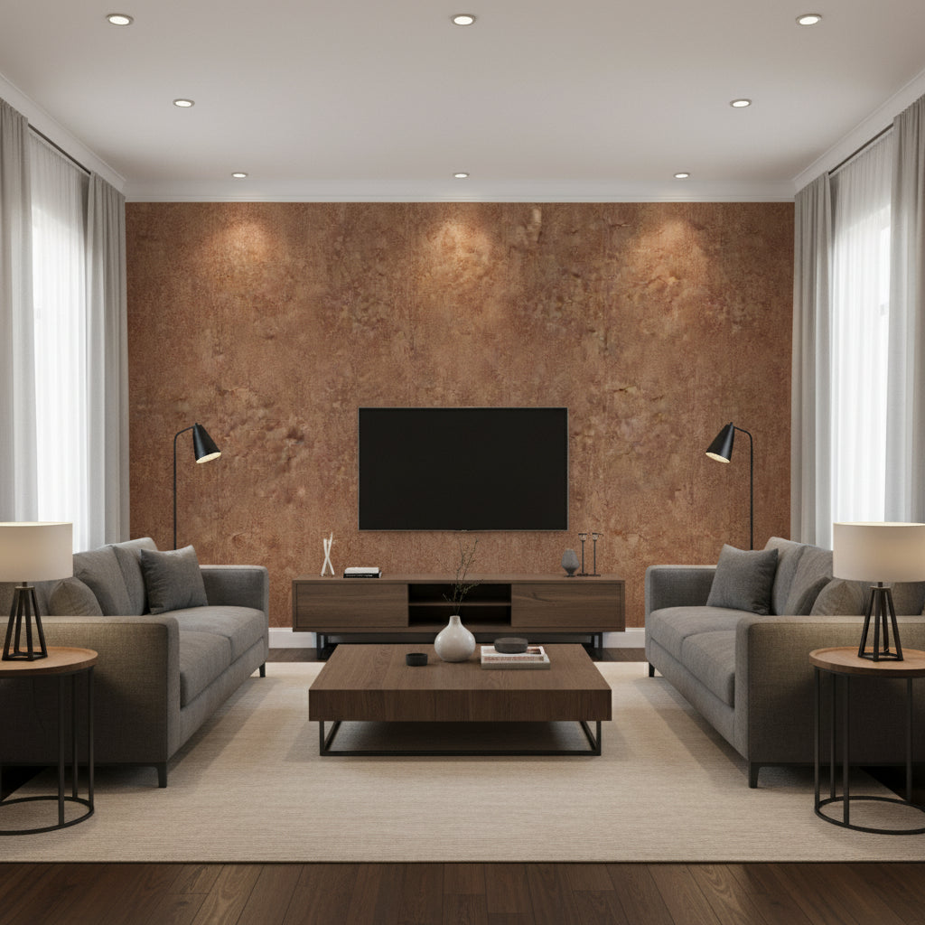 Jensen Penny | Architectural Wallcoverings - Living Room Visualization (AI-generated, may not be to scale. Verify pattern scale with product specifications.)