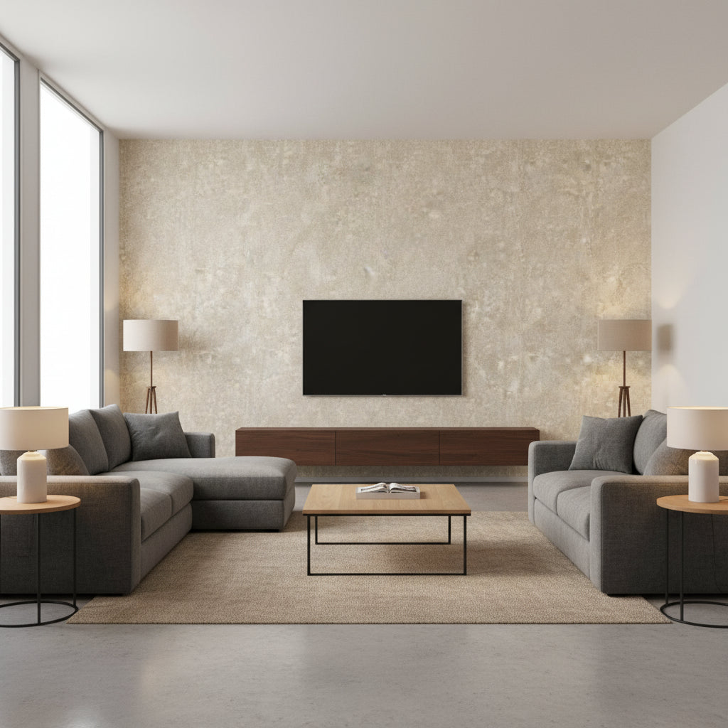 Jensen Ecru | Architectural Wallcoverings - Living Room Visualization (AI-generated, may not be to scale. Verify pattern scale with product specifications.)