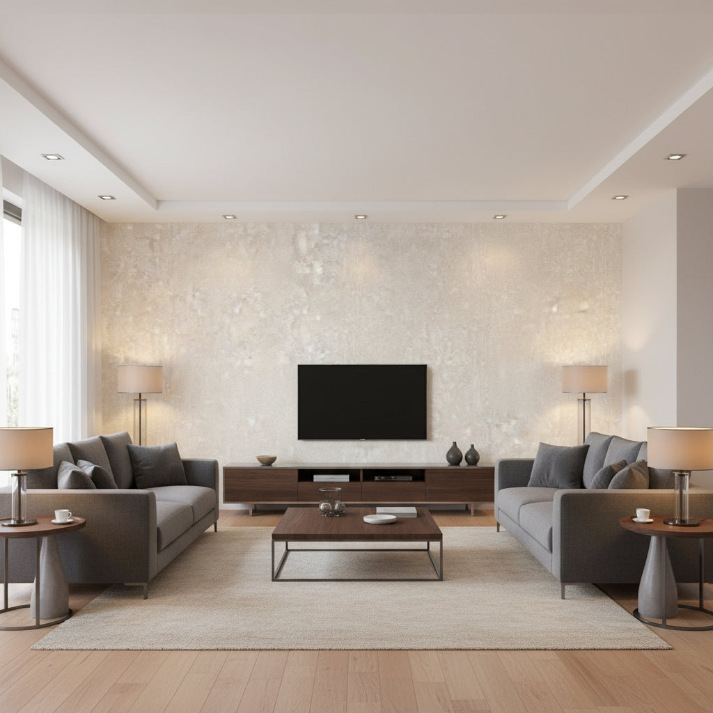 Jensen Paper Birch | Architectural Wallcoverings - Living Room Visualization (AI-generated, may not be to scale. Verify pattern scale with product specifications.)