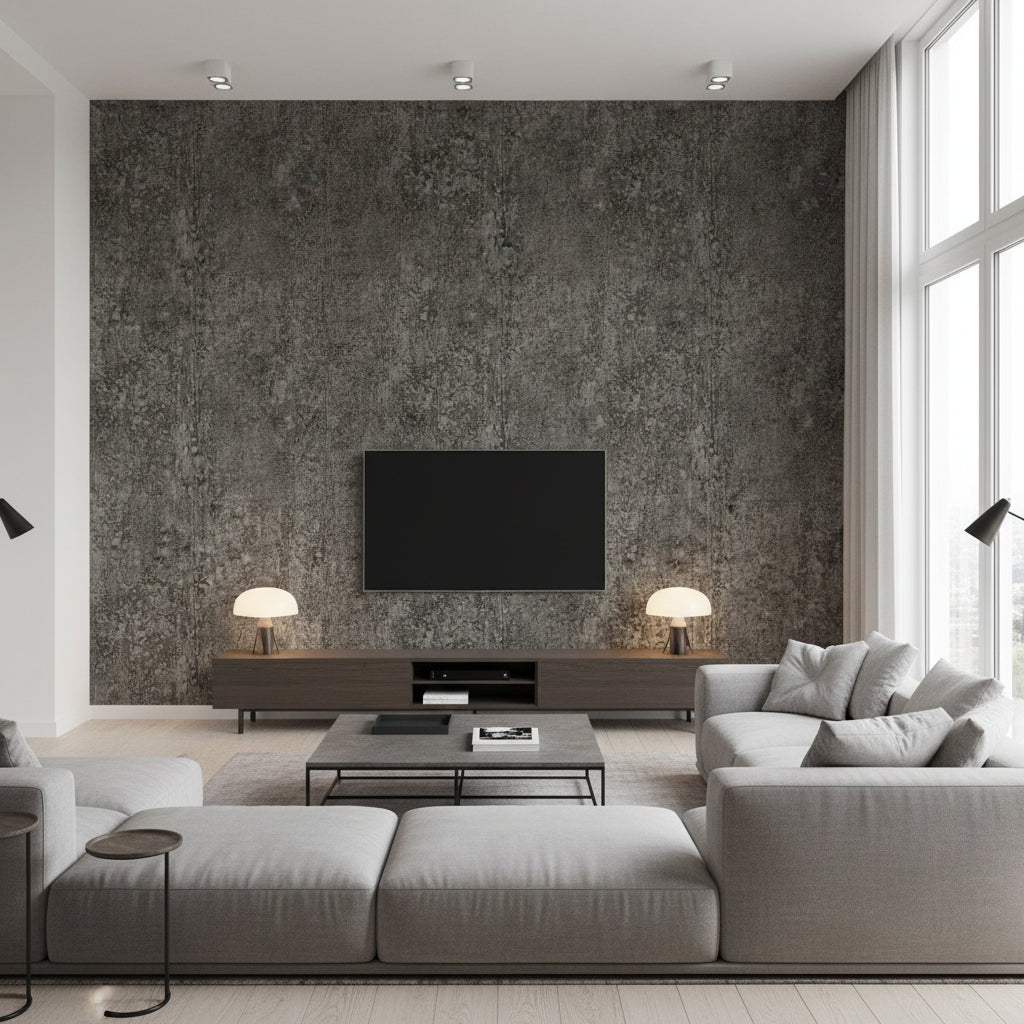 Jensen Ebony | Architectural Wallcoverings - Living Room Visualization (AI-generated, may not be to scale. Verify pattern scale with product specifications.)