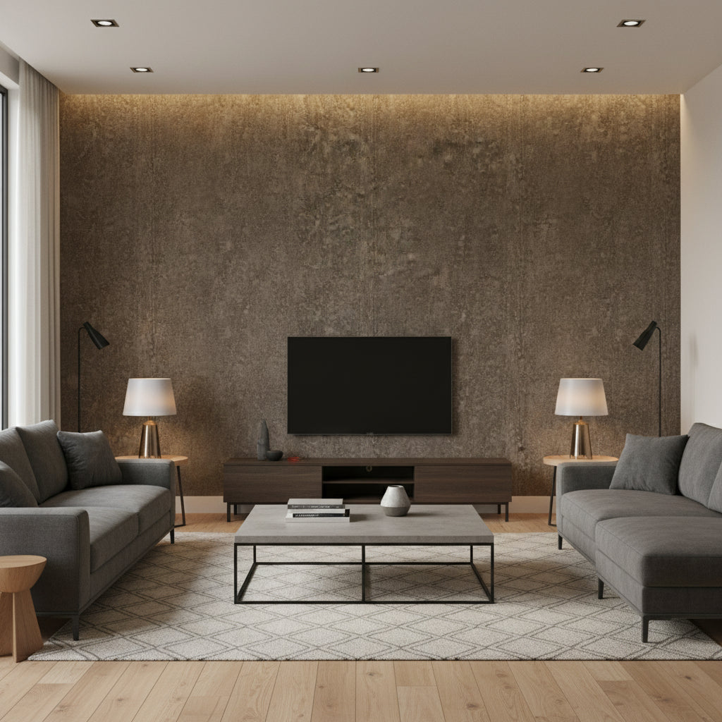Jensen Cedar | Architectural Wallcoverings - Living Room Visualization (AI-generated, may not be to scale. Verify pattern scale with product specifications.)