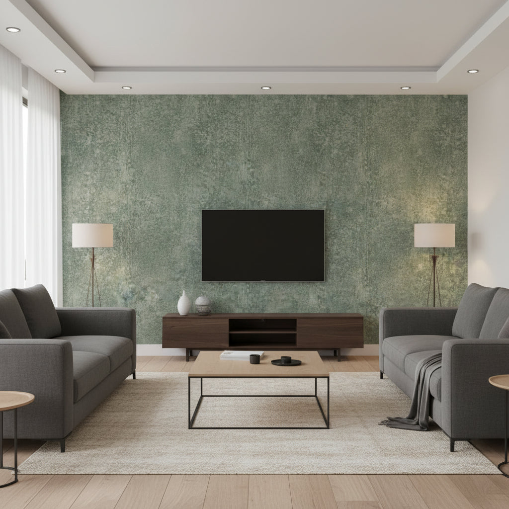Jensen Jade | Architectural Wallcoverings - Living Room Visualization (AI-generated, may not be to scale. Verify pattern scale with product specifications.)