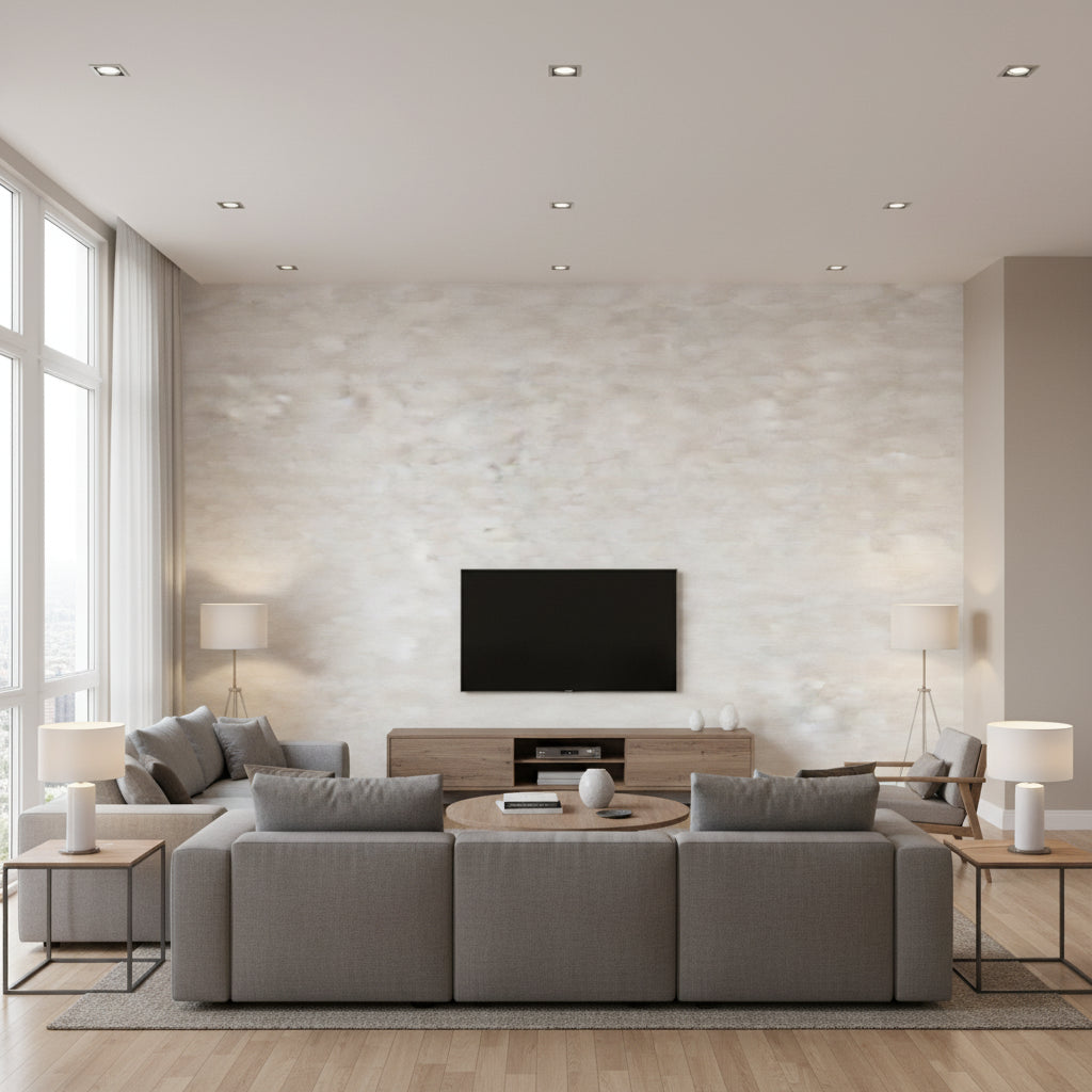 Sandscape Salt | Architectural Wallcoverings - Living Room Visualization (AI-generated, may not be to scale. Verify pattern scale with product specifications.)