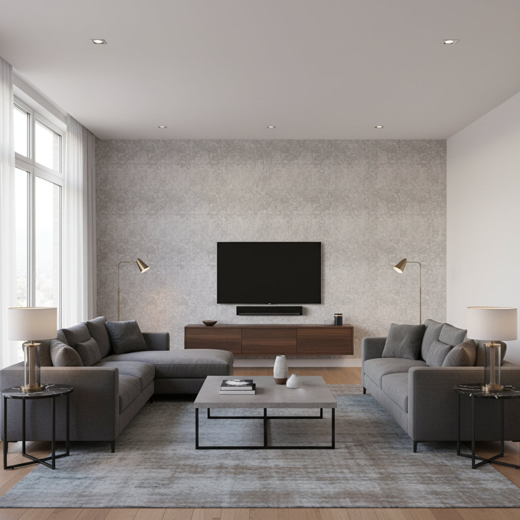 Sandscape Graphite | Architectural Wallcoverings - Living Room Visualization (AI-generated, may not be to scale. Verify pattern scale with product specifications.)
