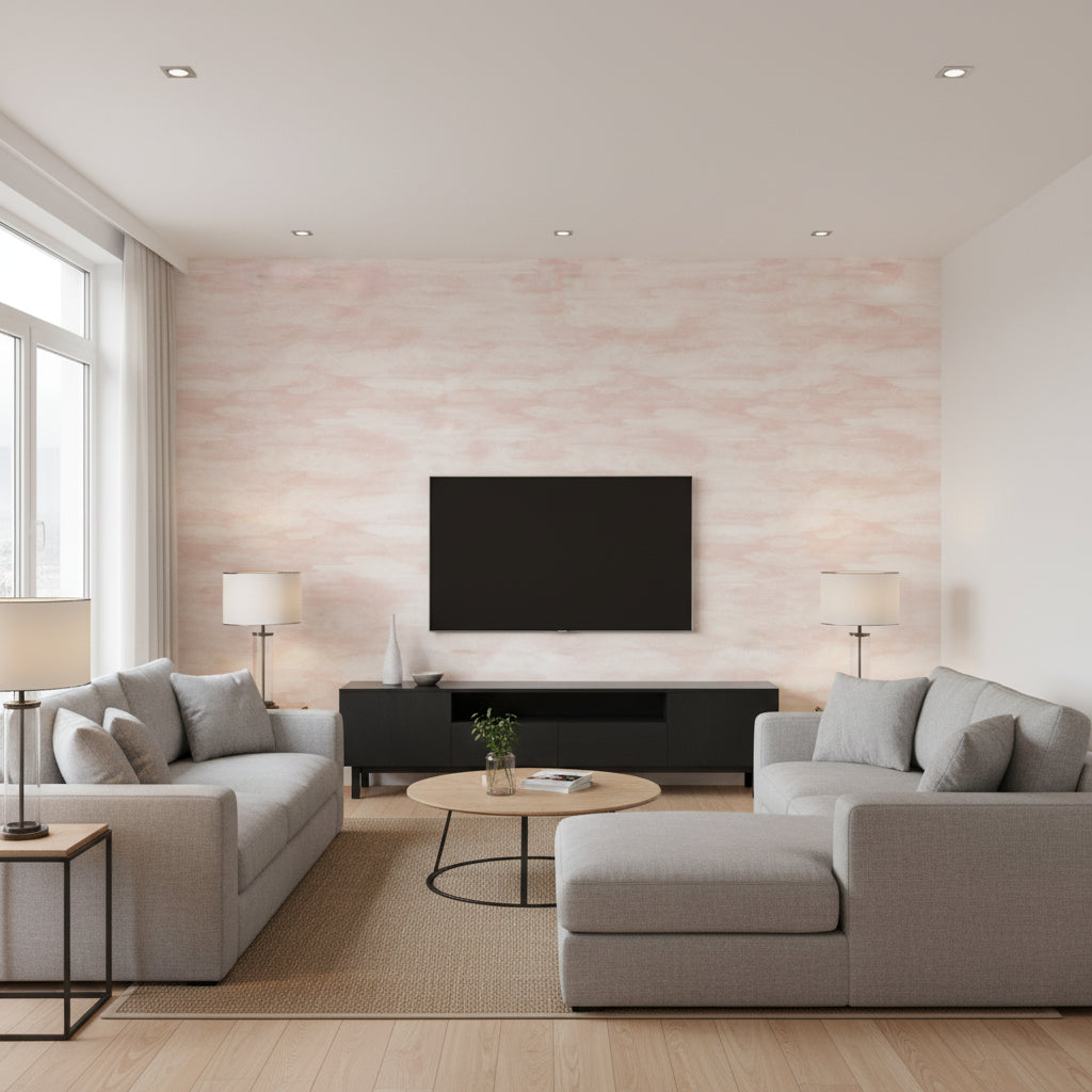 Sandscape Blush | Architectural Wallcoverings - Living Room Visualization (AI-generated, may not be to scale. Verify pattern scale with product specifications.)