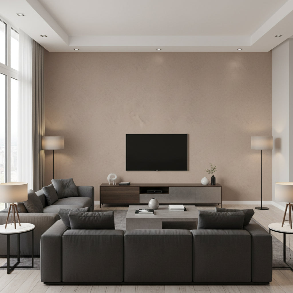 Marmorino Avorio | Architectural Wallcoverings - Living Room Visualization (AI-generated, may not be to scale. Verify pattern scale with product specifications.)