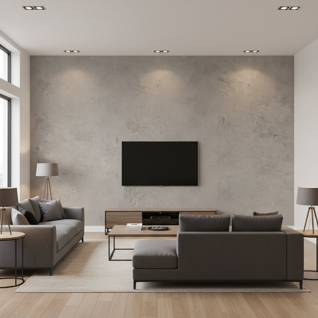 Marmorino Neve | Architectural Wallcoverings - Living Room Visualization (AI-generated, may not be to scale. Verify pattern scale with product specifications.)