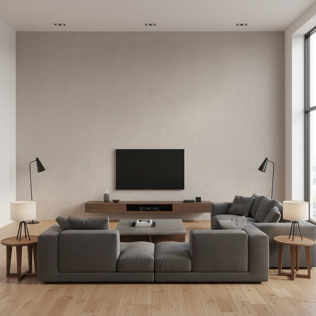 Marmorino Piove | Architectural Wallcoverings - Living Room Visualization (AI-generated, may not be to scale. Verify pattern scale with product specifications.)