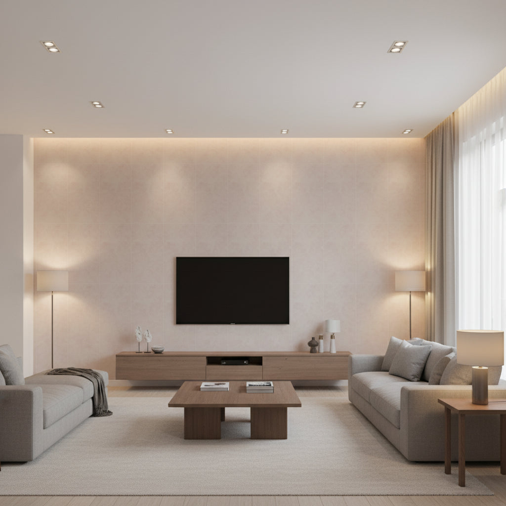 Marmorino Marmo | Architectural Wallcoverings - Living Room Visualization (AI-generated, may not be to scale. Verify pattern scale with product specifications.)