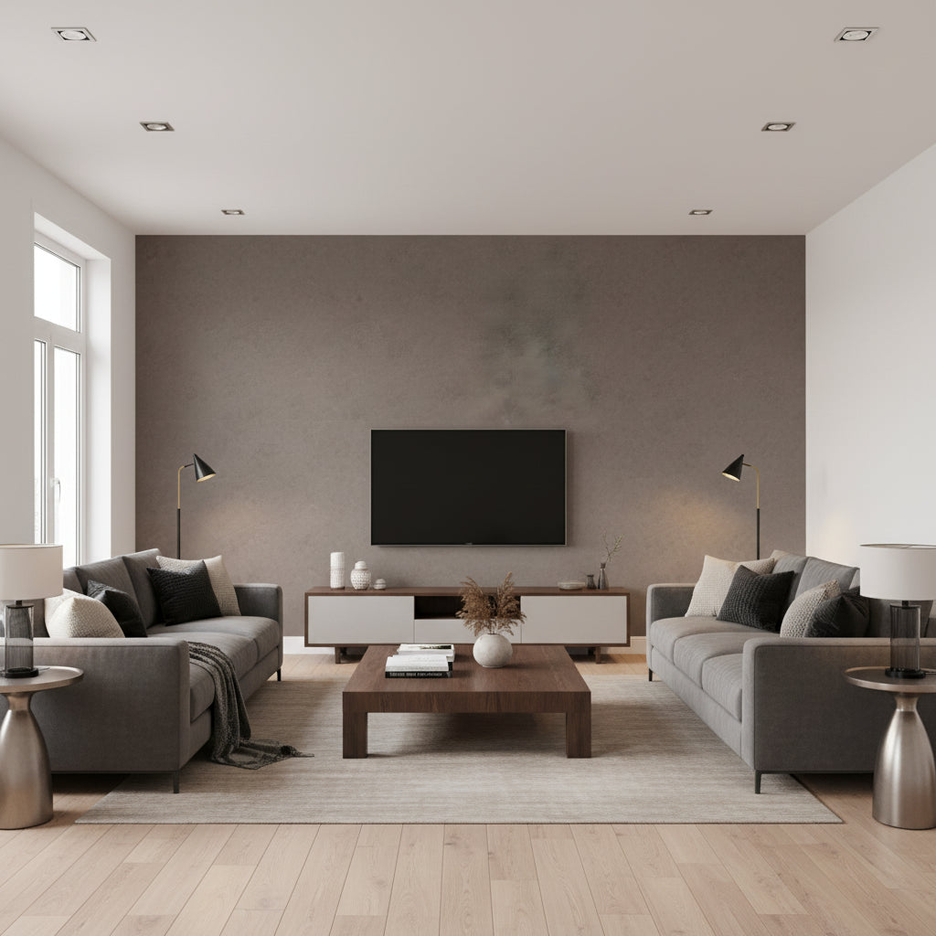 Marmorino Ossido | Architectural Wallcoverings - Living Room Visualization (AI-generated, may not be to scale. Verify pattern scale with product specifications.)