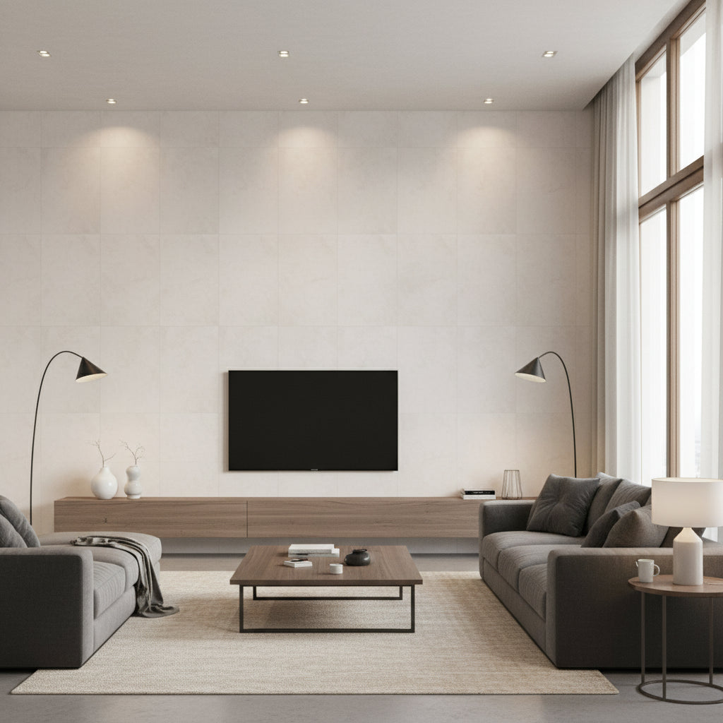 Marmorino Nebbia | Architectural Wallcoverings - Living Room Visualization (AI-generated, may not be to scale. Verify pattern scale with product specifications.)