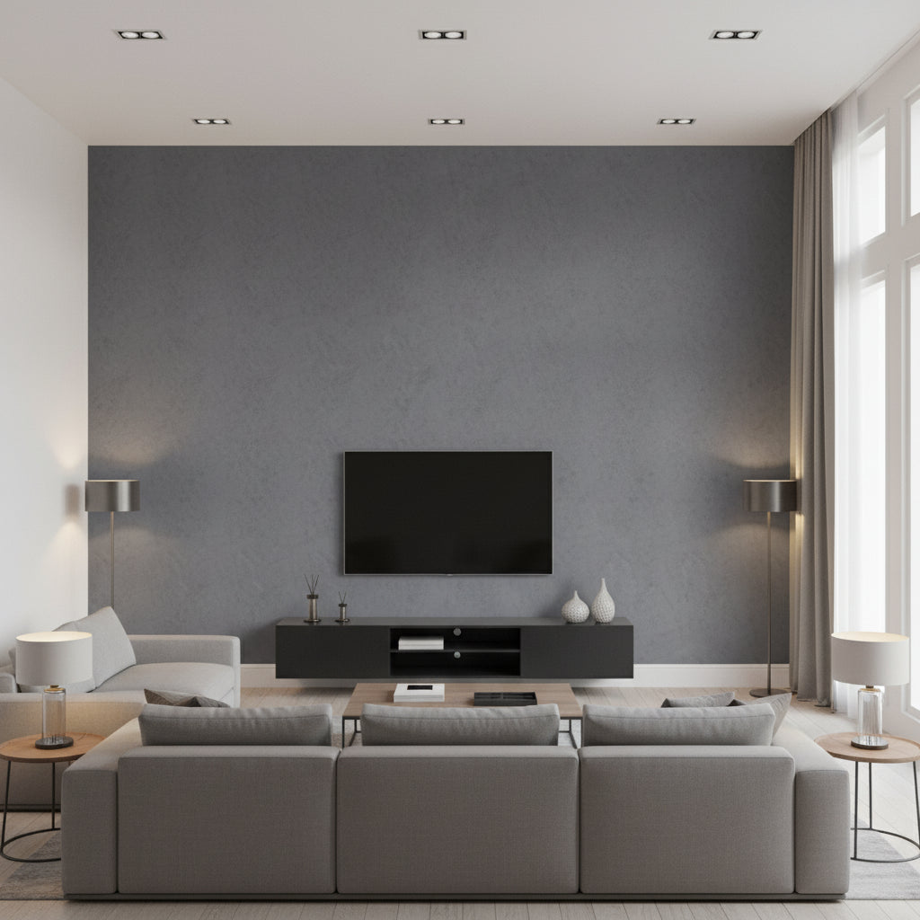 Marmorino Zinco | Architectural Wallcoverings - Living Room Visualization (AI-generated, may not be to scale. Verify pattern scale with product specifications.)