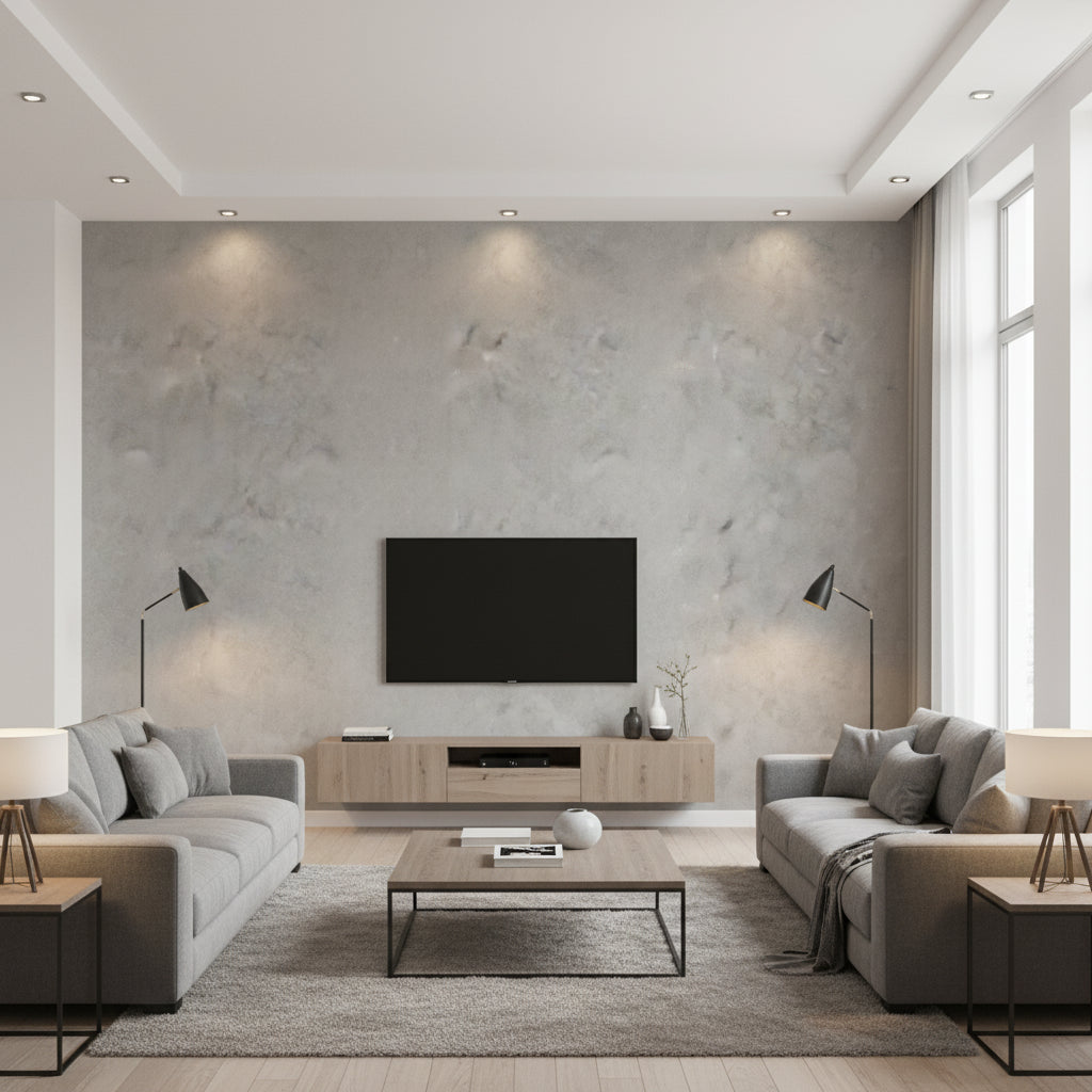 Marmorino Mare | Architectural Wallcoverings - Living Room Visualization (AI-generated, may not be to scale. Verify pattern scale with product specifications.)