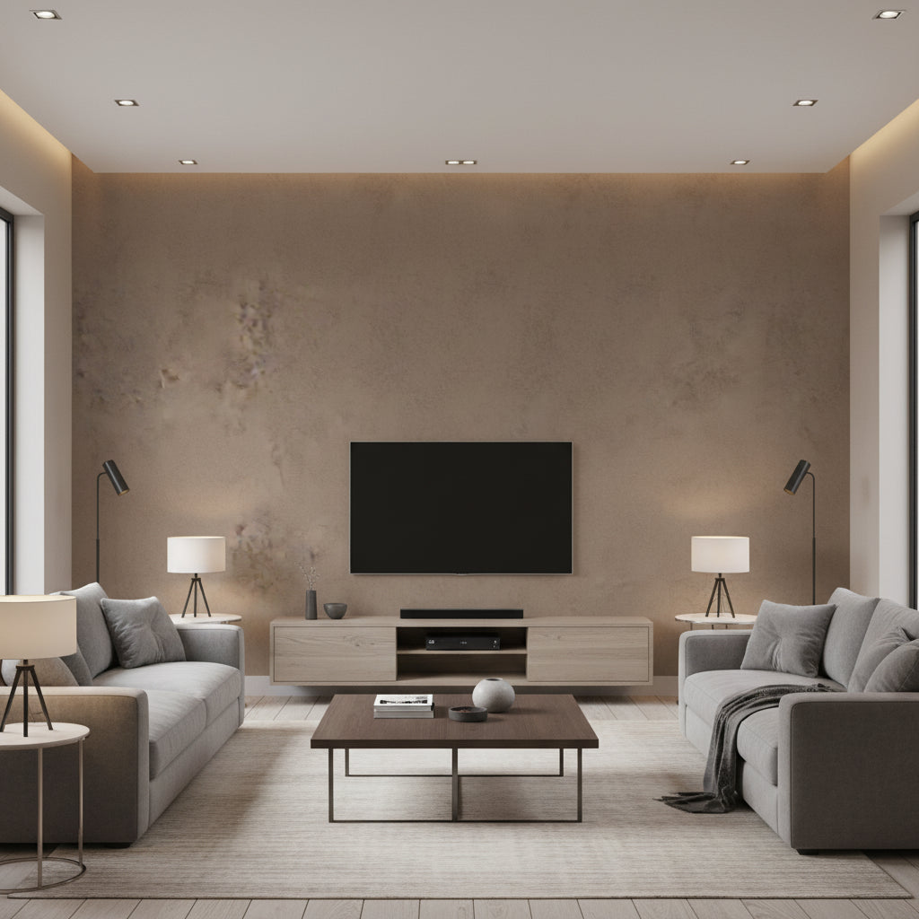 Marmorino Minerale | Architectural Wallcoverings - Living Room Visualization (AI-generated, may not be to scale. Verify pattern scale with product specifications.)