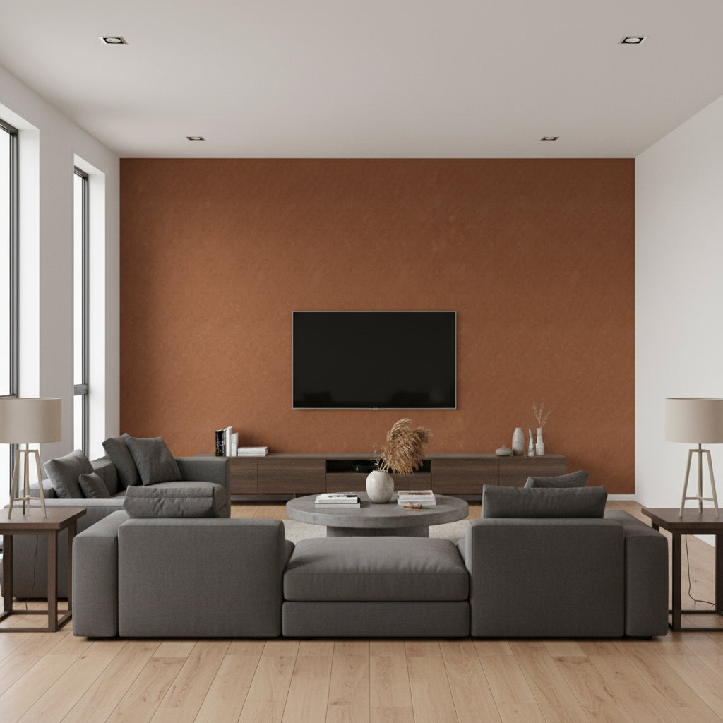 Marmorino Terra | Architectural Wallcoverings - Living Room Visualization (AI-generated, may not be to scale. Verify pattern scale with product specifications.)
