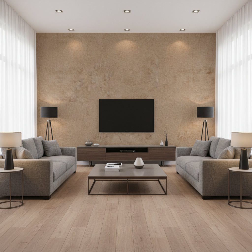 Marmorino Sabbia | Architectural Wallcoverings - Living Room Visualization (AI-generated, may not be to scale. Verify pattern scale with product specifications.)