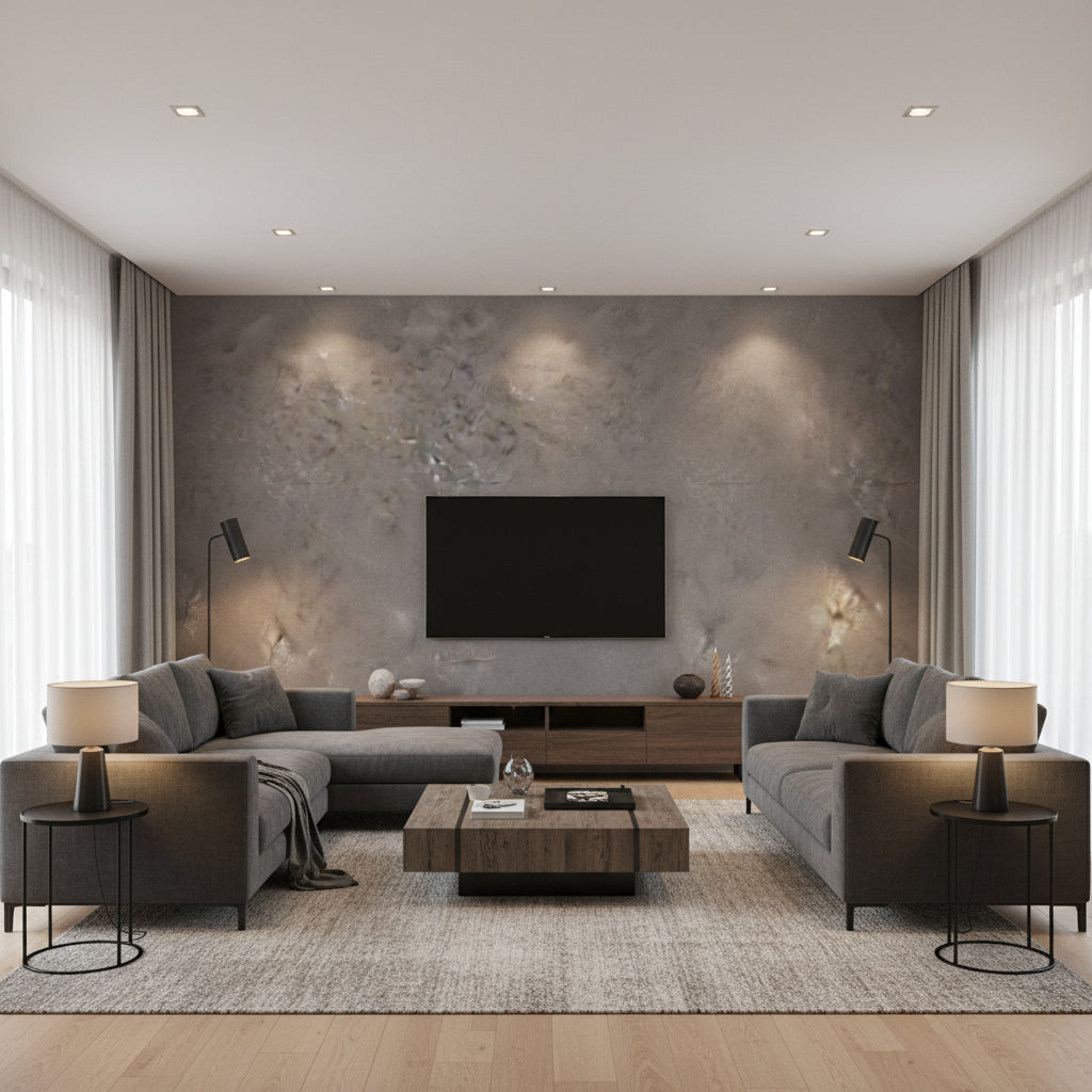 Marmorino Ardesia | Architectural Wallcoverings - Living Room Visualization (AI-generated, may not be to scale. Verify pattern scale with product specifications.)