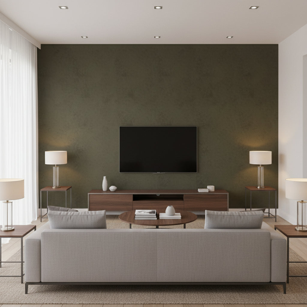 Marmorino Larice | Architectural Wallcoverings - Living Room Visualization (AI-generated, may not be to scale. Verify pattern scale with product specifications.)