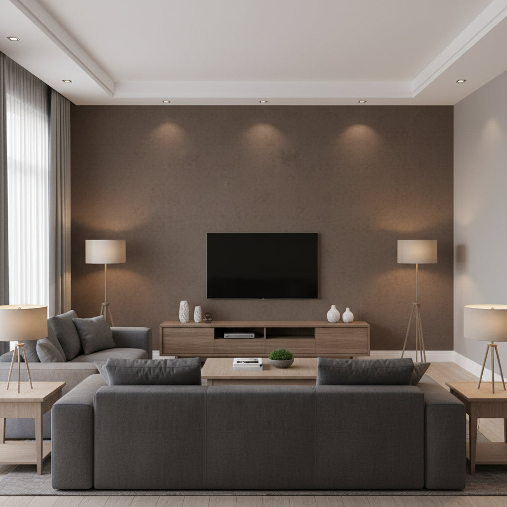 Marmorino Tiglio | Architectural Wallcoverings - Living Room Visualization (AI-generated, may not be to scale. Verify pattern scale with product specifications.)