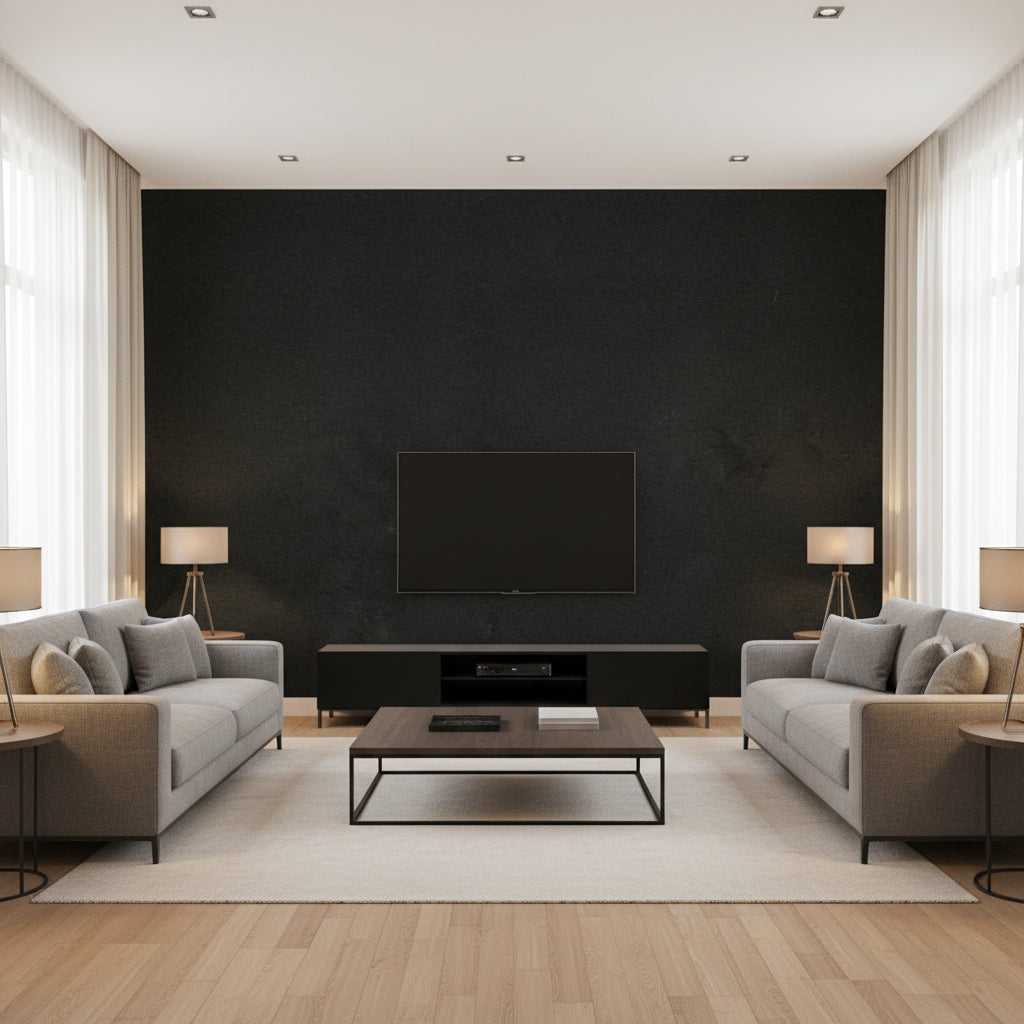 Marmorino Notte | Architectural Wallcoverings - Living Room Visualization (AI-generated, may not be to scale. Verify pattern scale with product specifications.)