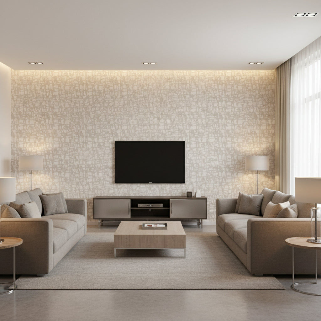 Encompass Hopeful | Architectural Wallcoverings - Living Room Visualization (AI-generated, may not be to scale. Verify pattern scale with product specifications.)