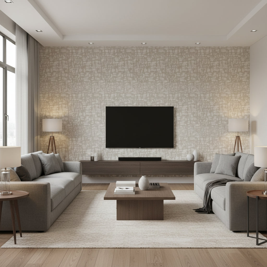 Encompass Intuitive | Architectural Wallcoverings - Living Room Visualization (AI-generated, may not be to scale. Verify pattern scale with product specifications.)