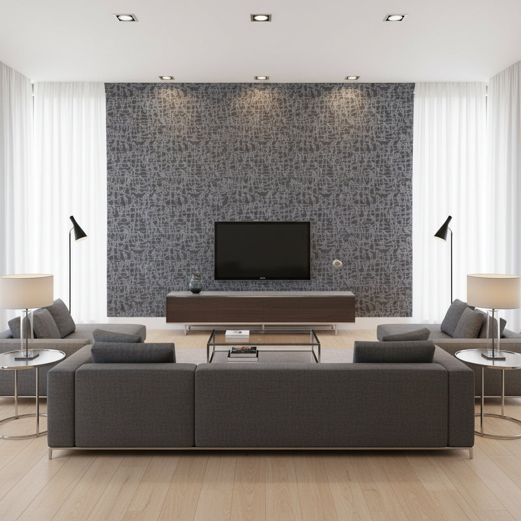 Encompass Ovation | Architectural Wallcoverings - Living Room Visualization (AI-generated, may not be to scale. Verify pattern scale with product specifications.)