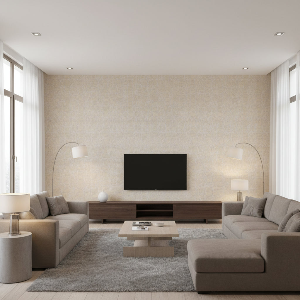 Encompass Reflection | Architectural Wallcoverings - Living Room Visualization (AI-generated, may not be to scale. Verify pattern scale with product specifications.)